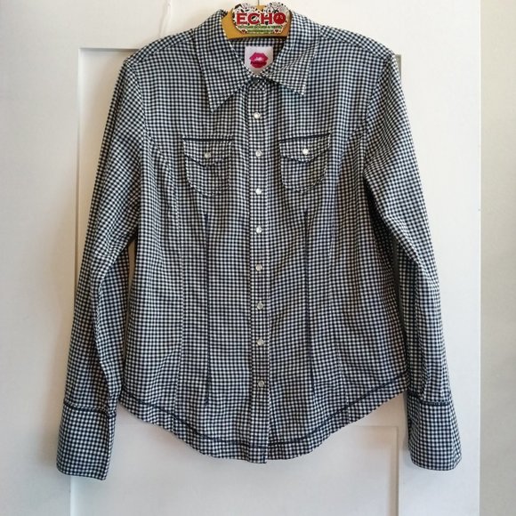 Fiorucci Tops - Fiorucci Classic 100% Cotton Dark Navy Fitted Gingham Western Shirt Pearl Snaps
